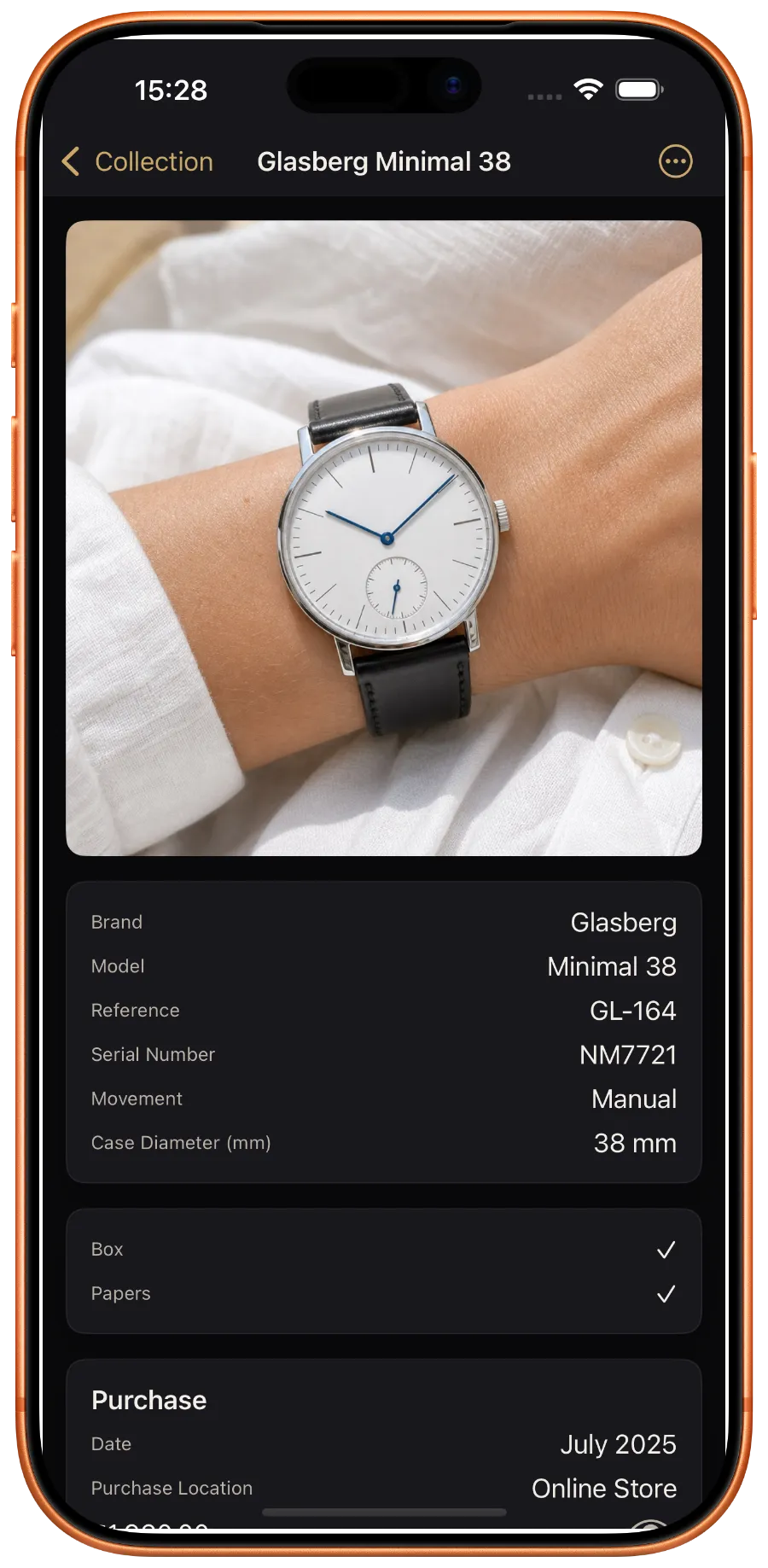 Watch detail — hero photo, specs, metadata