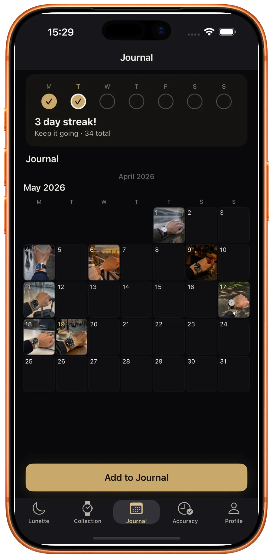 Journal calendar with wear history