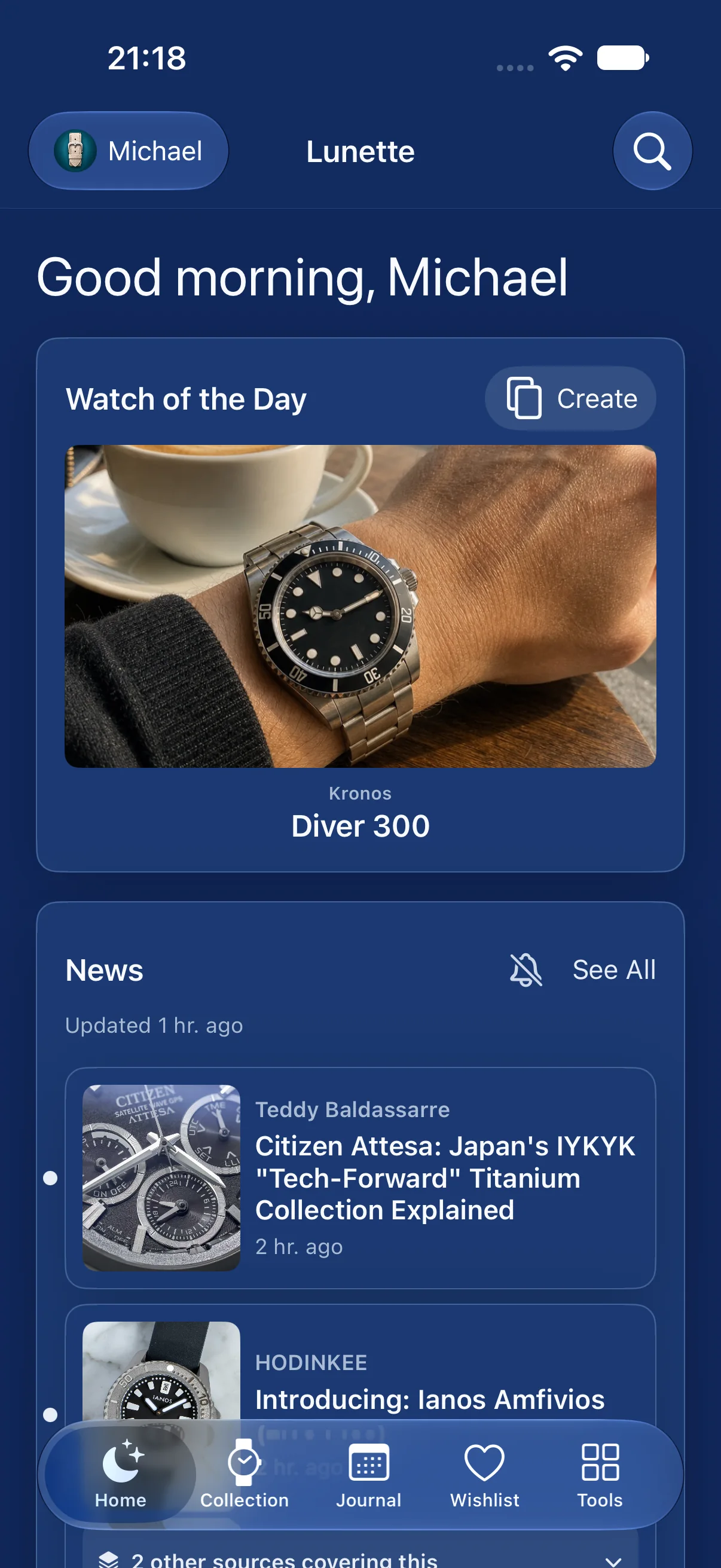 Lunette home showing Watch of the Day and watch news