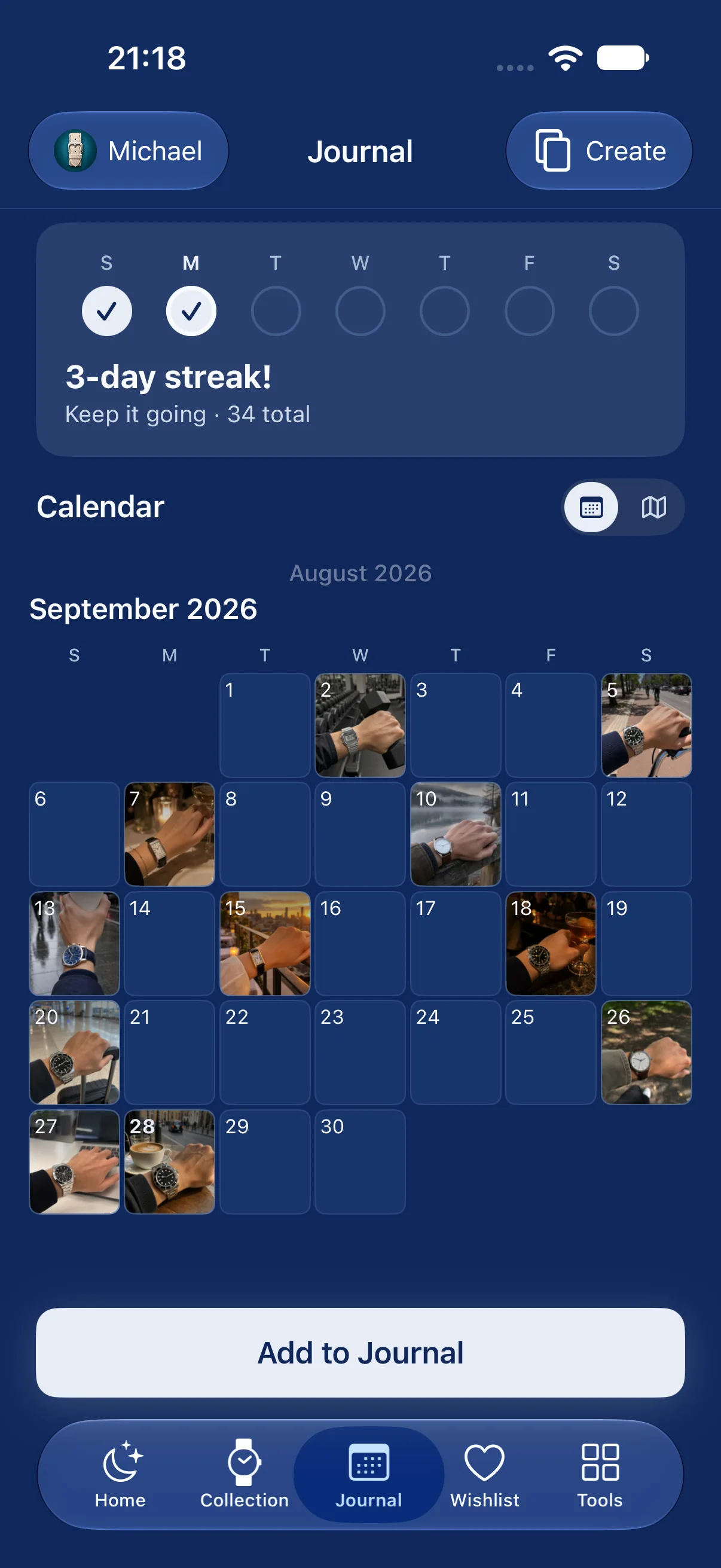 Journal calendar with wear history