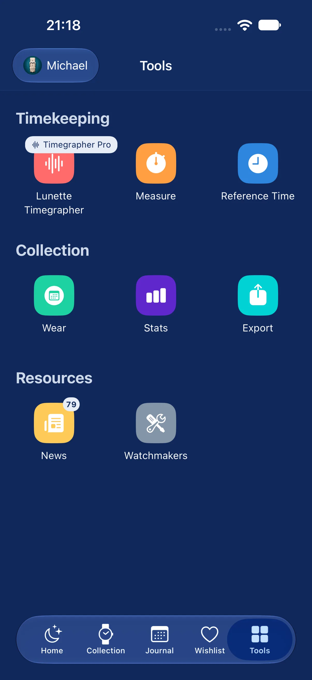 Tools screen with accuracy, collection and news options